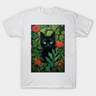 Black Cat Among Flowers T-Shirt